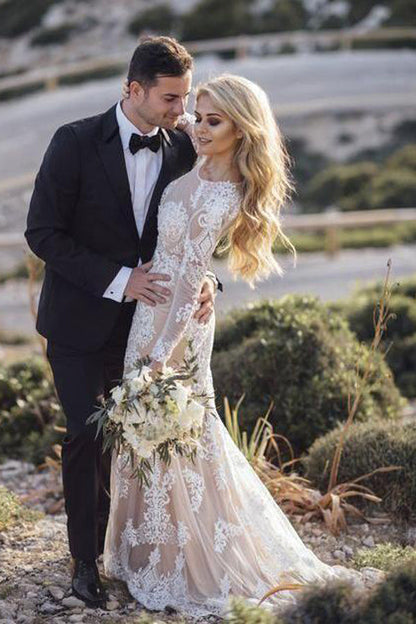 Meerjungfrau Langarm Spitze Boho Brautkleider Rustikales Brautkleid WD504