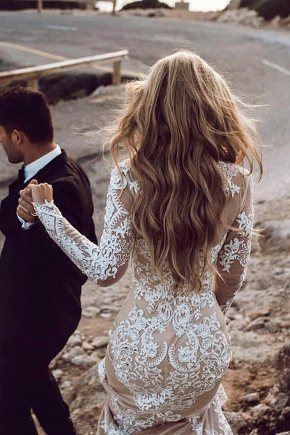Meerjungfrau Langarm Spitze Boho Brautkleider Rustikales Brautkleid WD504