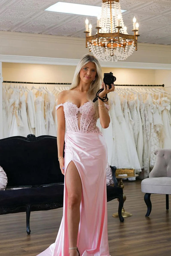Vestido de fiesta rosa de corte sirena con hombros descubiertos y apliques PSK575