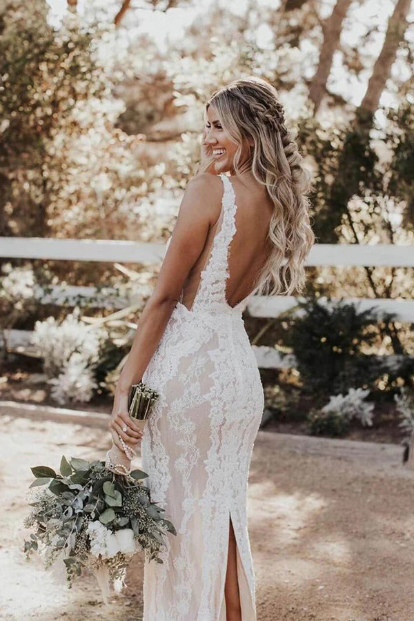 Mermaid/Trumpet Deep V-neck Lace Boho Wedding Dress Bridal Gown WD524