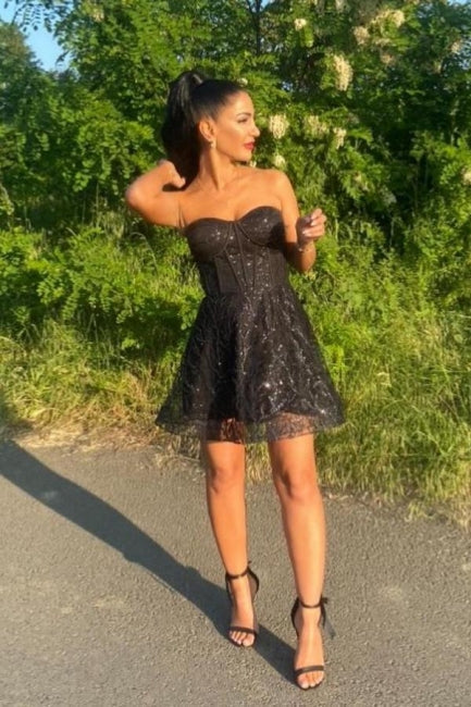 Minivestido de fiesta negro de tul con escote en forma de A, sin mangas, con escote en forma de A y encaje