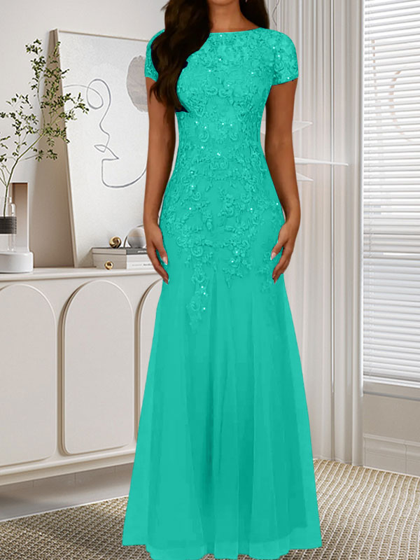 Vestido de tul con lentejuelas y escote redondo de sirena en azul marino oscuro