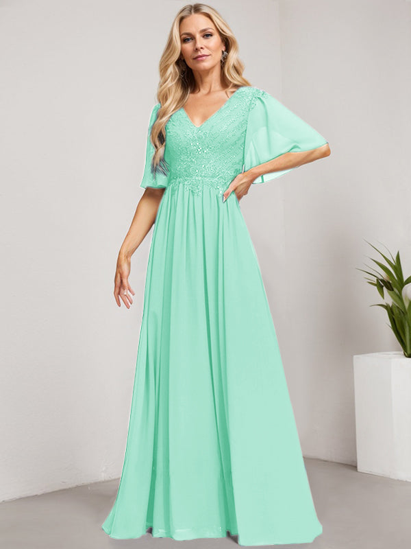 Vestido de madre de la novia de gasa con encaje, escote en V y lentejuelas, largo hasta el suelo