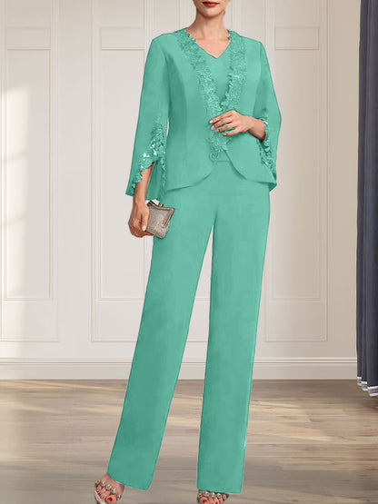 Separates Jumpsuit/Pantsuit V-Neck Floor-Length Chiffon Mother of the Bride Dress