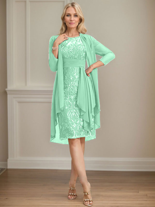 Vestido de madre de la novia de gasa con encaje, escote redondo, ilusión, largo hasta la rodilla, con volantes en cascada y lentejuelas