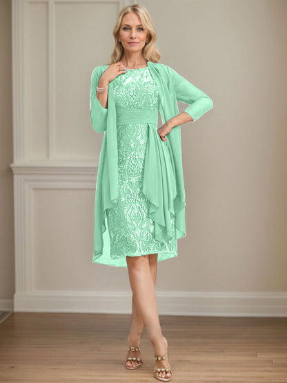 Sheath/Column Scoop Illusion Knee-Length Lace Chiffon Mother of the Bride Dress With Cascading Ruffles Sequins