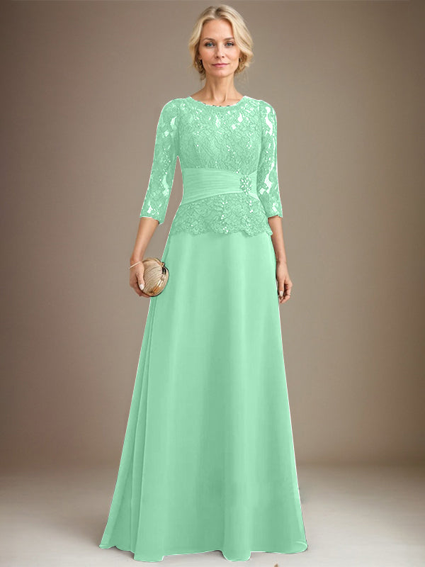 Vestido de gasa con encaje, corte A, ilusión, largo hasta el suelo, para madre de la novia, con lentejuelas plisadas y abalorios