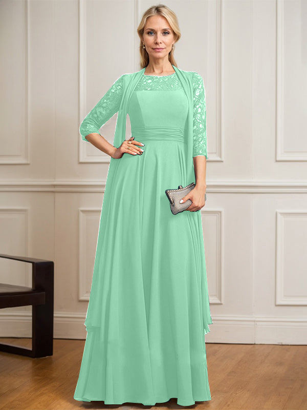 Vestido de gasa de encaje con ilusión de corte A hasta el suelo para madre de la novia con pliegues