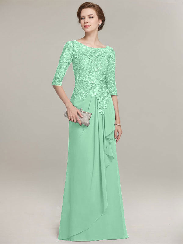 Vestido de gasa con encaje, corte A, escote ilusión, largo hasta el suelo, para madre de la novia con volantes en cascada