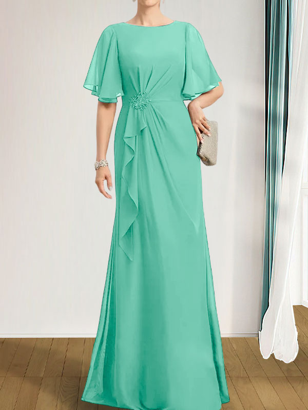 Vestido de gasa para madre de la novia, corte A, escote redondo, largo hasta el suelo, con volantes en cascada, cuentas y lentejuelas