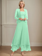 Vestido de madre de la novia de gasa con encaje y lentejuelas, largo hasta los tobillos, con mono/pantalón separado
