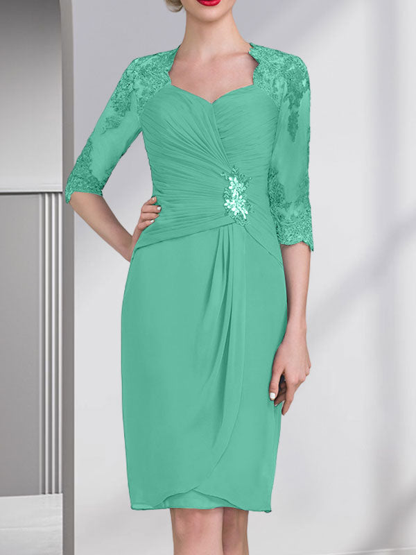 Vestido de gasa para madre de la novia con escote corazón, largo hasta la rodilla, con apliques de cuentas, encaje y lentejuelas plisado.