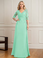 A-Linien-Kleid mit V-Ausschnitt, bodenlangem Spitzenchiffon und plissierten Pailletten 