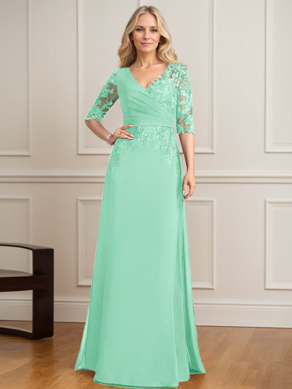 Vestido de madre de la novia de gasa con encaje, escote en V y lentejuelas plisadas hasta el suelo