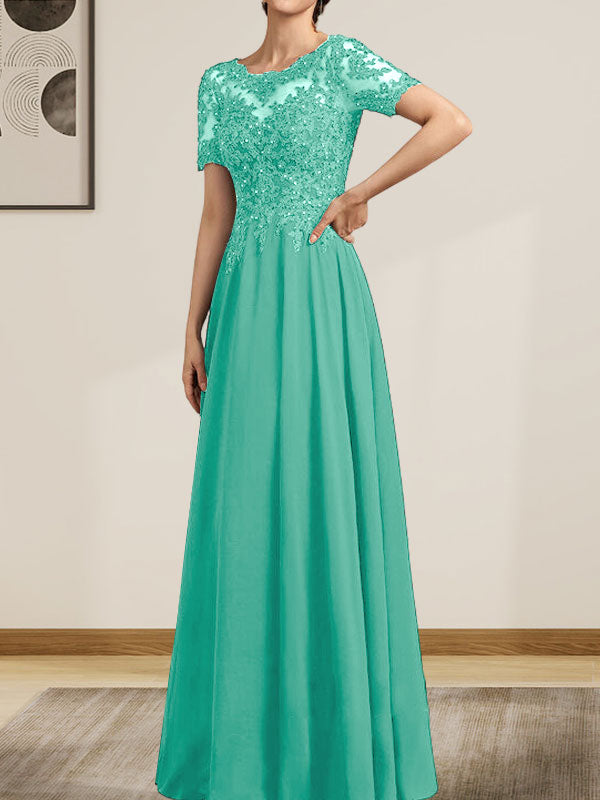 Vestido de gasa con encaje y lentejuelas para madre de la novia, largo hasta el suelo, con escote en A y ilusión