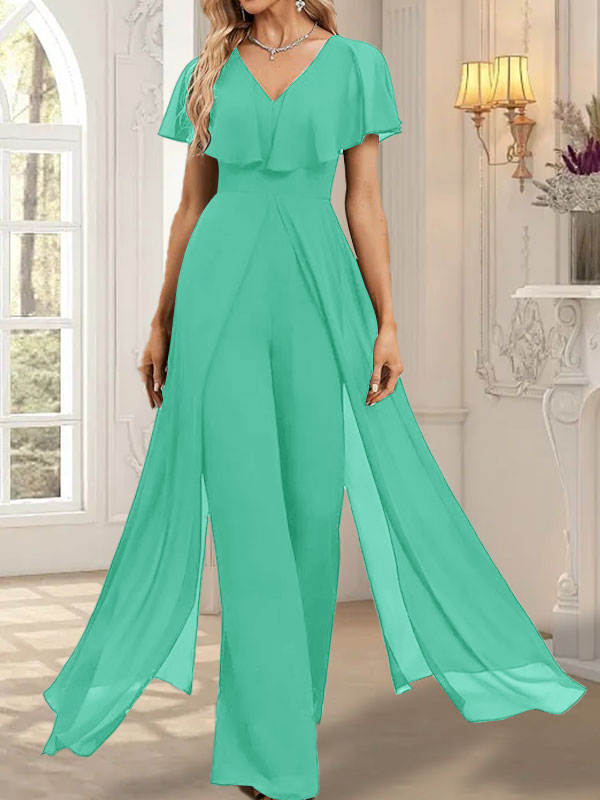 Vestido de noche de gasa con escote en V y largo hasta el suelo, tipo mono/pantalón