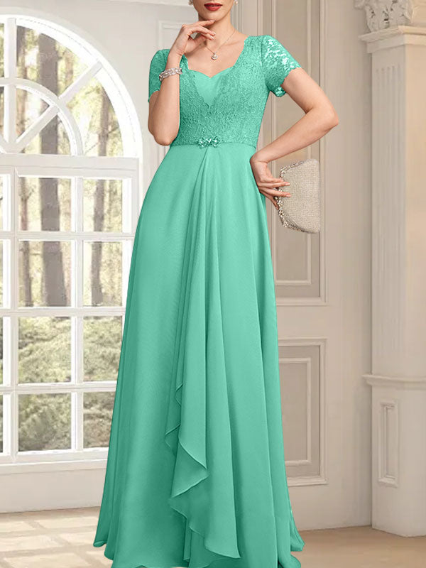 Vestido de madre de la novia de gasa con encaje, corte en A, escote corazón, largo hasta el suelo, con volantes en cascada y cuentas