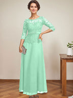Vestido de gasa con encaje y escote en A, ilusión, largo hasta los tobillos, para madre de la novia con cuentas de diamantes de imitación