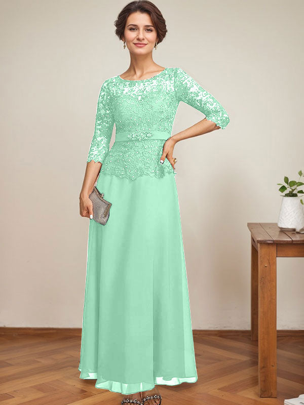 Vestido de gasa con encaje y escote en A, ilusión, largo hasta los tobillos, para madre de la novia con cuentas de diamantes de imitación