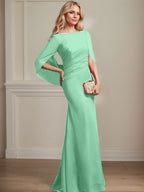 Vestido de madre de la novia de gasa con escote barco, corte trompeta/sirena, largo hasta el suelo, con pliegues