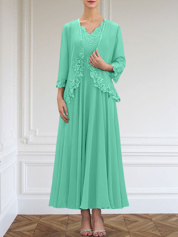 Vestido de gasa para madre de la novia, corte A, escote en V, largo hasta los tobillos, con apliques de lentejuelas, encaje y cuentas