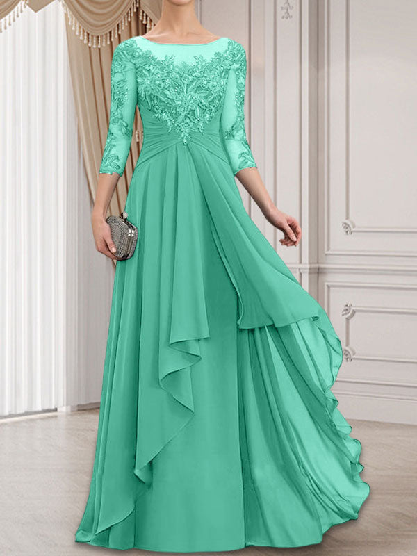 Vestido de gasa con encaje, corte A, escote ilusión, largo hasta el suelo, para madre de la novia con volantes en cascada