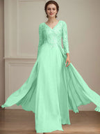 A-Linie V-Ausschnitt Bodenlanges Spitzen-Chiffon-Kleid für die Brautmutter mit Pailletten 