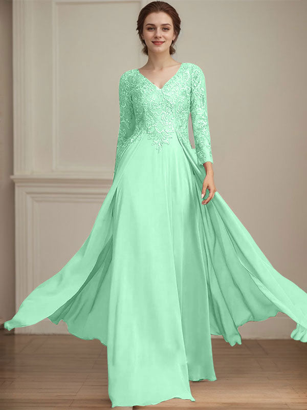 Vestido de madre de la novia de gasa con encaje, escote en V y lentejuelas, largo hasta el suelo
