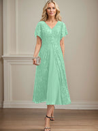 A-Linie V-Ausschnitt Wadenlanges Chiffon-Kleid für die Brautmutter 