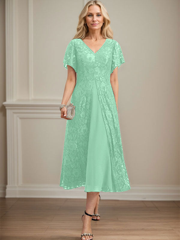 Vestido de gasa con encaje y escote en V para madre de la novia, largo hasta la rodilla