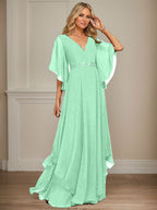 Vestido de gasa para madre de la novia, corte A, escote en V, largo hasta el suelo, con apliques de lentejuelas, encaje y abalorios