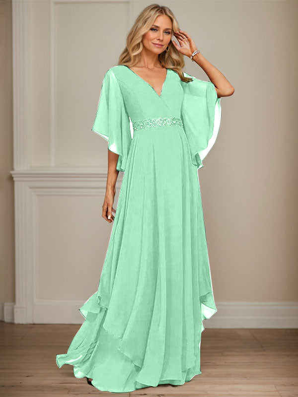 Vestido de gasa para madre de la novia, corte A, escote en V, largo hasta el suelo, con apliques de lentejuelas, encaje y abalorios