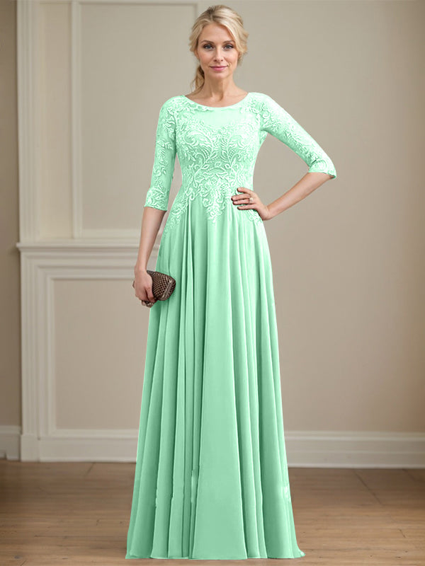 Vestido de gasa con encaje y lentejuelas para madre de la novia, corte A, escote ilusión, largo hasta el suelo