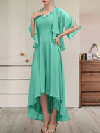 Vestido de gasa asimétrico para madre de la novia con escote en V, corte A y lentejuelas con abalorios