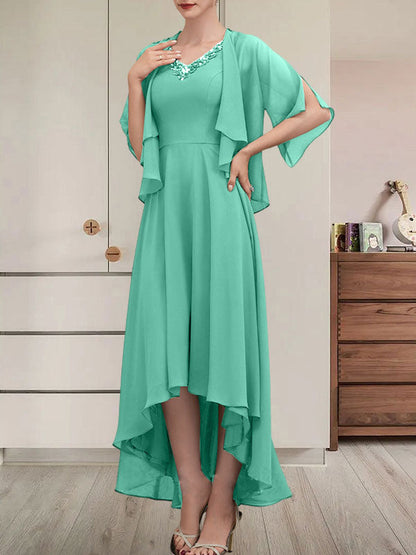 A-Linien-Kleid mit V-Ausschnitt, asymmetrischem Chiffon für die Brautmutter mit Perlen und Pailletten