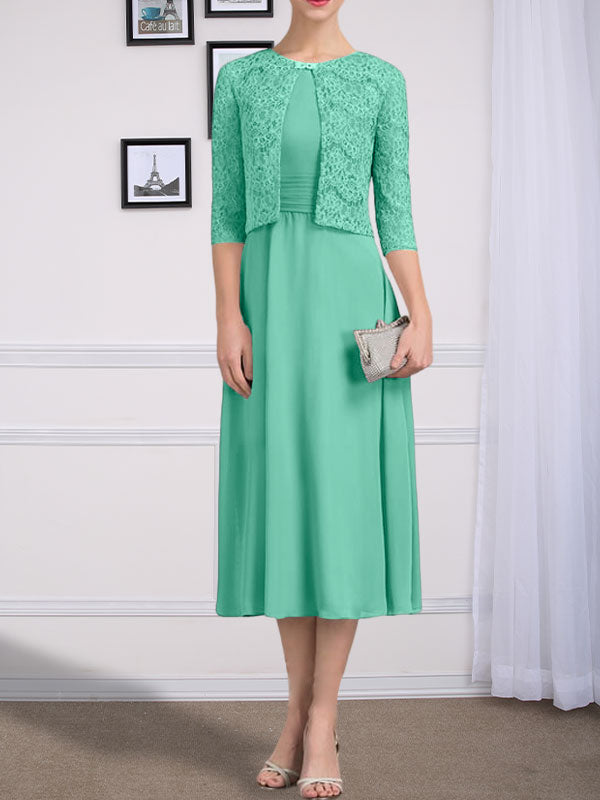 Vestido de gasa para madre de la novia con corte en A, escote redondo y largo hasta la rodilla con pliegues