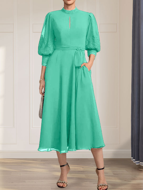 A-Linien-Kleid mit hohem Halsausschnitt und bodenlangem Spitzenchiffonkleid mit Schleife