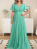 Vestido de gasa para madre de la novia, corte A, escote en V, largo hasta el suelo, con broche de cristal y plisado