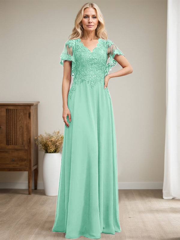 Vestido de madre de la novia de gasa con encaje, escote en V y lentejuelas, largo hasta el suelo