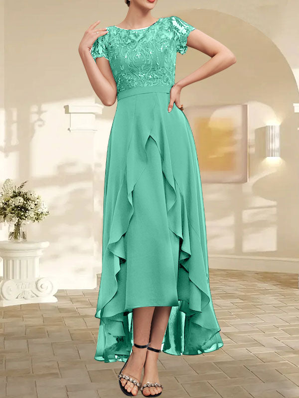 Vestido de madre de la novia de gasa asimétrica con escote en A, ilusión, encaje, lazo, volante y lentejuelas