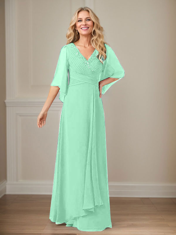 Vestido largo de gasa con lentejuelas y escote en V en forma de A para madre