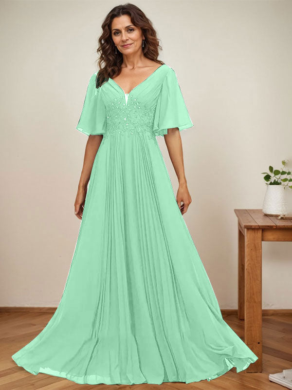 Vestido de gasa para madre de la novia, corte A, escote en V, largo hasta el suelo, con apliques de lentejuelas y encaje plisado