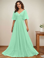 Vestido de gasa para madre de la novia, corte A, escote en V, largo hasta el suelo, con apliques de lentejuelas y encaje plisado
