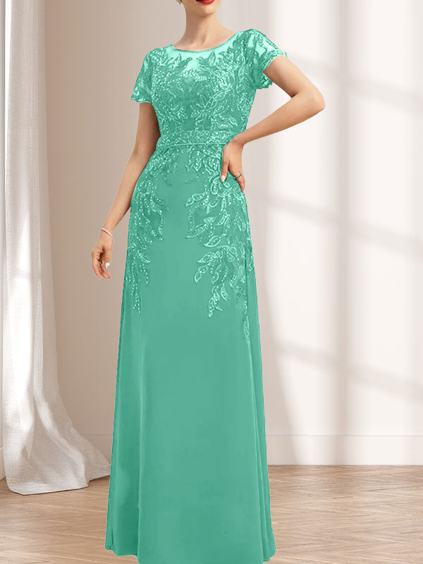 Vestido de madre de la novia de gasa con encaje, escote redondo, ilusión, largo hasta el suelo, con lentejuelas