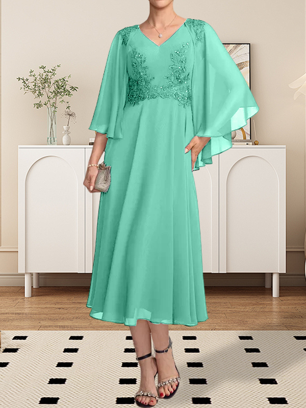 A-Linie V-Ausschnitt Wadenlanges Chiffon-Spitzenkleid für die Brautmutter mit Perlen und Pailletten