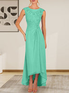 Vestido de gasa con encaje y escote redondo en forma de A color champán