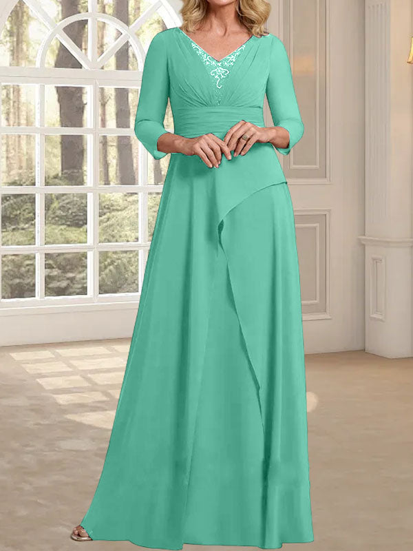 Vestido de gasa para madre de la novia con escote en V, largo hasta el suelo, con pliegues y cuentas