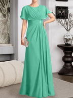Vestido de gasa para madre de la novia con corte en A, escote redondo y largo hasta el suelo, con cuentas plisadas