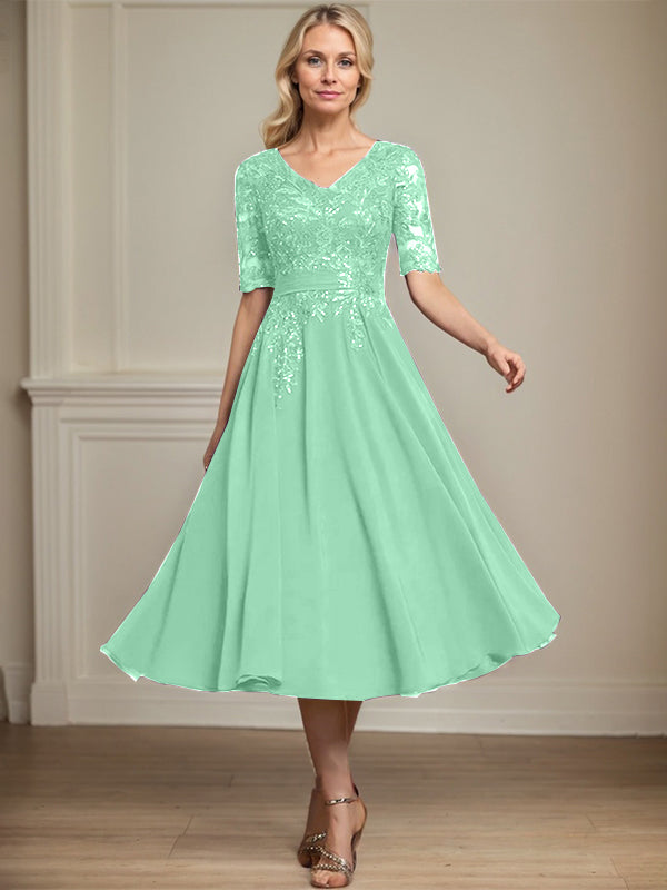 Vestido de gasa con encaje y lentejuelas para madre de la novia, corte A, escote en V y largo hasta la rodilla