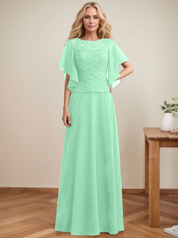 Vestido de gasa con encaje y lentejuelas para madre de la novia, corte A, escote ilusión, largo hasta el suelo